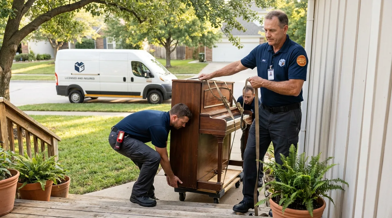 Licensed piano movers securing grand piano in Carlin, NV